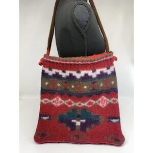 Vintage Southwestern Felted 100% Wool Shoulder Bag Zipper Top Adjustable Strap